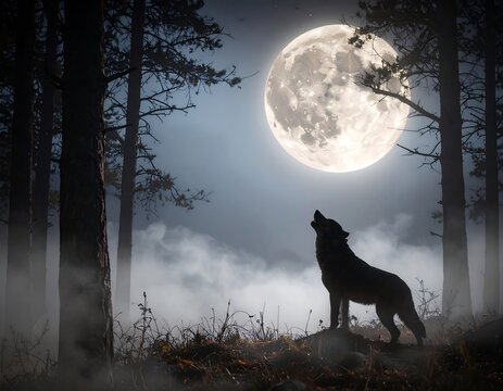 A lone wolf howling at the full moon in a misty forest