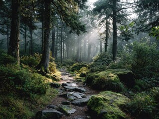 Fototapeta premium and keyword list based on the image you providedPerson Hiking Through Forest Path in National Park With Sunlight Breaking Through.