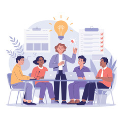 Diverse team brainstorming ideas around a table with a lightbulb overhead meeting