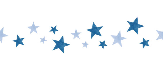 Obraz premium Seamless border of blue stars of different sizes. Watercolor illustration. Banner with night sky atmosphere. Hand drawn isolated art. Cartoon children's sketch for bedroom, bed linen, packaging