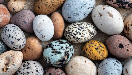 Colorful candy stones on beach sand background