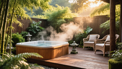 Tranquil backyard oasis with steaming hot tub and cozy seating for relaxation and serenity.