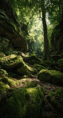 Sunlit mossy rocks and trees in a shady ravine