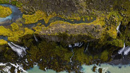 Aerial View of Cascading Waterfalls and Turquoise River in Iceland