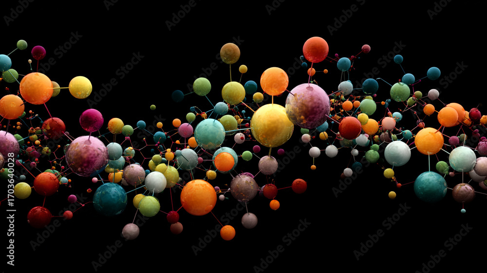Poster colorful spheres interconnected forming a complex network against a black background a vibrant abstr