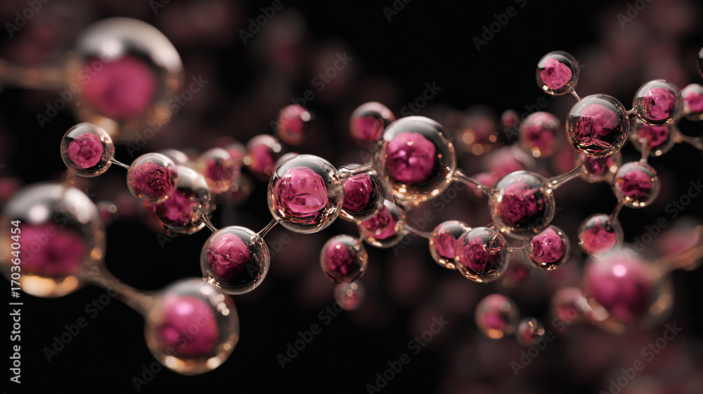 Poster pink spheres connected forming a complex molecular structure floating in dark space