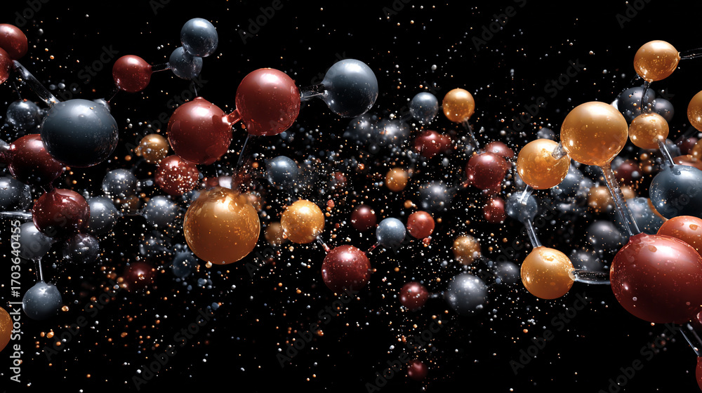 Aufkleber abstract spheres interconnected in a dynamic molecular structure floating in dark space