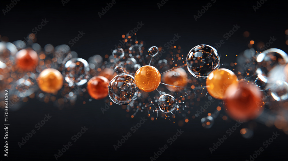 Poster abstract spheres connected forming a flowing network on a dark background
