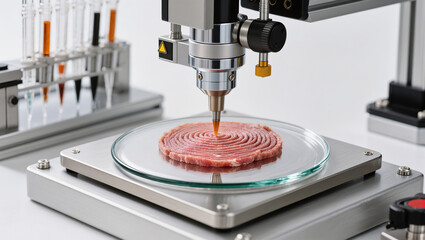 3d printed meat on laboratory equipment for sustainable food innovation.