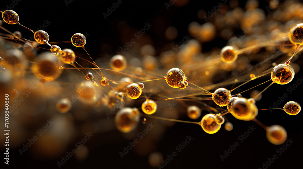 Poster golden spheres connected by thin strands forming a complex network against a dark background abstrac