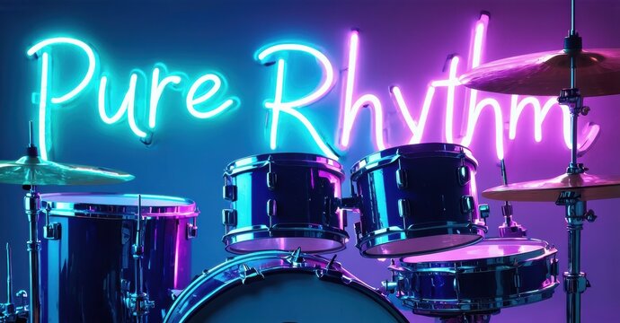 Neon sign displays Pure Rhythm above drum set. Vibrant blue, purple hues dominate composition. Music, energy, performance implied.