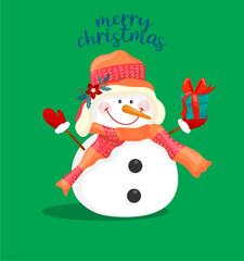 Merry christmas card template cute stylized snowman with gift sketch