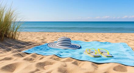Obraz premium Beach Day Essentials: A sun hat, towel, and flip-flops set the scene for a perfect beach day, evoking feelings of relaxation and escape.