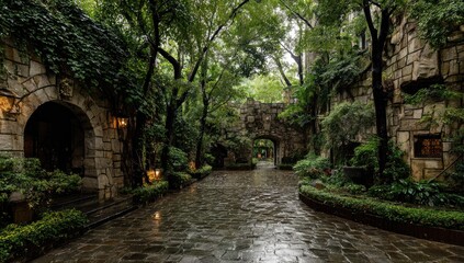 A wet stone path winds through a lush, overgrown garden