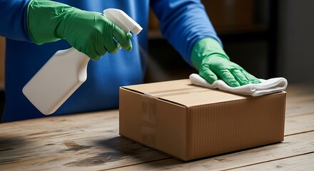 Person Cleaning Cardboard Box with Disinfectant Spray.