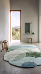 Fototapeta premium Modern interior featuring a colorful rug and natural light in a serene space with minimalistic decor