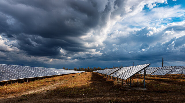 Solar panels in a field under a dramatic sky - Powered by Adobe