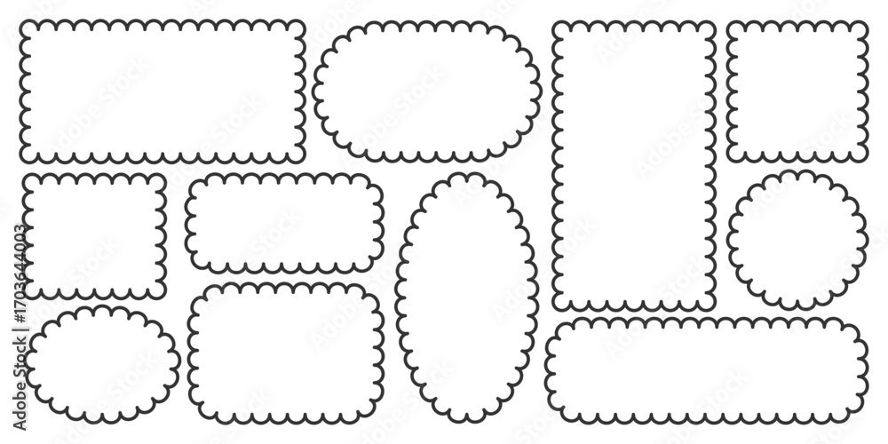 Poster various shapes scallop edge frame collection. decorative scalloped rectangle square oval circle fram
