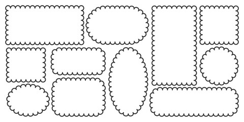 Various shapes scallop edge frame collection. Decorative Scalloped rectangle square oval circle frames set. Minimalist outline picture photo poster banner card template. Wavy border retro stamp. 