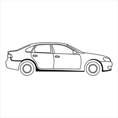 Black and white outline drawing of a sedan car side view automobile vehicle