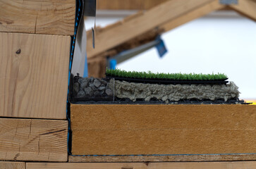 This layered roof system combines insulation, drainage, and greenery. It features timber, rigid...