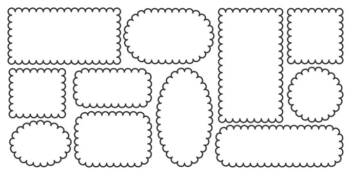 Various shapes scallop edge frame collection. Decorative Scalloped rectangle square oval circle frames set. Minimalist outline picture photo poster banner card template. Wavy border retro stamp. 