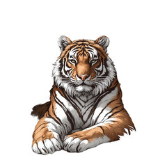 Fototapeta premium Majestic tiger resting on the ground with striking orange fur and bold black stripes, showcasing its powerful presence in a serene environment.