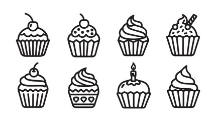 Collection of eight stylized cupcake illustrations in a simple black and white silhouette style