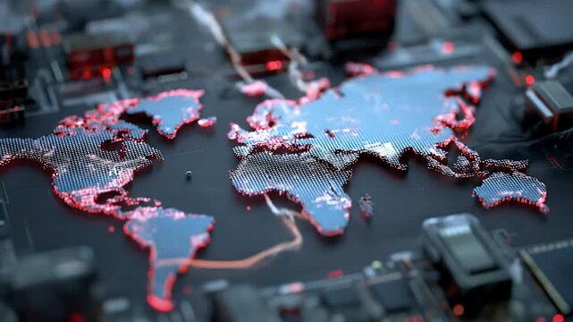 Global digital map displayed on a circuit board