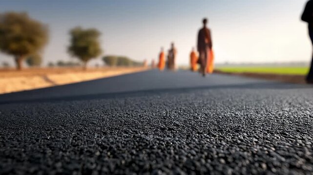 A Brand New Asphalt Road Extends into the Distance with Pedestrians Walking on It