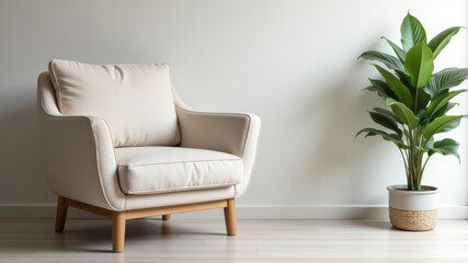 Neutral fabric armchair with indoor plant in bright cozy modern room