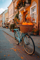 Vintage bicycle with basket full of pumpkins in autumn street with fall foliage