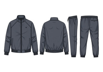Technical fashion illustration of a men's dark gray tracksuit, showing front, back, and side views of the jacket and pants.