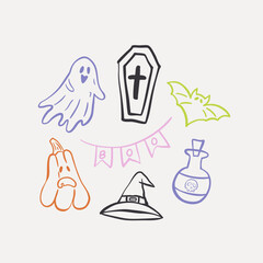 Halloween line art icons set in color. Includes ghost, coffin, bat, pumpkin, witch hat, potion bottle, and festive garland. Perfect for stickers, cards, invitations, party decor and seasonal design.