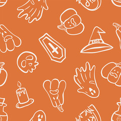 Seamless Halloween pattern with white line art icons on orange background. Includes ghost, skull, coffin, candle, witch hat, pumpkin and spooky symbols.