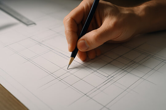Architectural drawing with pencil on paper creating blueprint design for construction project plan