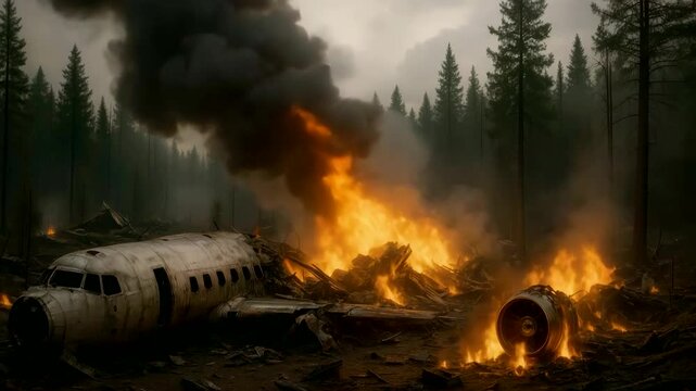 Plane Crash in Forest with Smoke and Flames Engulfing the Wreckage