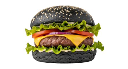 A gourmet black bun burger featuring a beef patty, melted cheddar cheese, fresh lettuce, tomato, and red onion. Perfect for fast food menus or restaurant promotions.