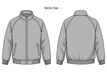 Grey bomber jacket vector illustration, showing front and back views with zipper, pockets, and ribbed cuffs and hem.