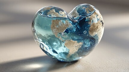 World map inside a heart-shaped water globe, symbolizing global care, love, environmental protection, and interconnectedness for sustainable living