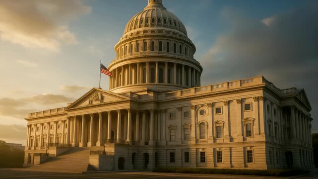 U.S. Capitol Building at Sunset with American Flag and Architectural Details