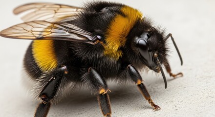 Close up of a bumblebee with its yellow stripes and transparent wings