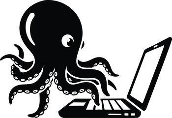 A clever cartoon octopus efficiently multitasking on a laptop keyboard. This vector icon represents a smart animal mascot for technology, business, and productivity