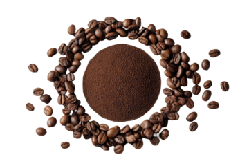 Coffee beans encircle dark coffee powder