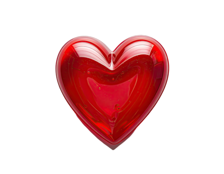 A glossy, vibrant red heart shape, seemingly made of glass or resin.  The surface reflects light, creating a three-dimensional effect