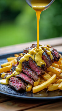 Grilled Rump Steak with Crispy Fries and Mustard Sauce