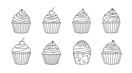 Collection of eight hand drawn cupcake illustrations in a simple black and white silhouette style