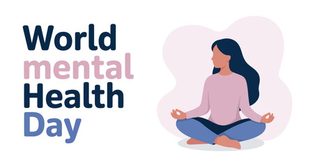 World Mental Health Day illustration with meditating woman, soft abstract background, and bold text promoting mindfulness and emotional wellness