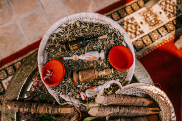 Traditional Moroccan Henna Ceremony Accessories on Decorative Tray – Marrakech, Morocco – October 13, 2025
