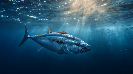 Large bluefin tuna swimming underwater with sun rays illuminating the surface. Concept of marine life, ocean conservation, and ecosystem health.